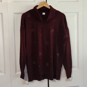 Vila Milano Women's Burgundy Long Sleeve Cowl Neck Beaded Sweater‎ Size SM Wool